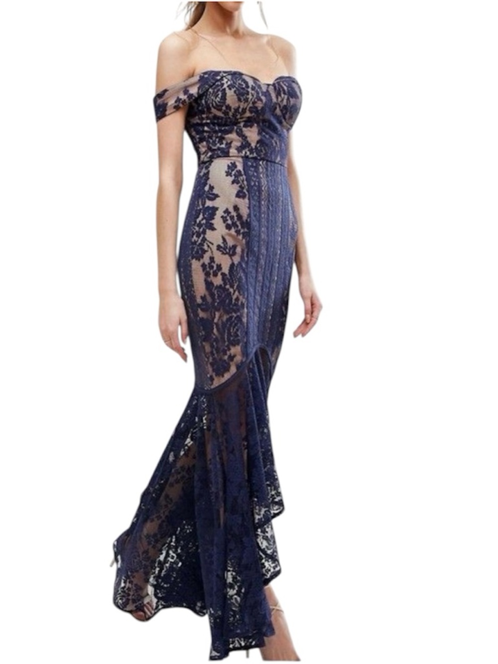 Jarlo London blue Lace and Tan off the shoulder fishtail Dress Size 8